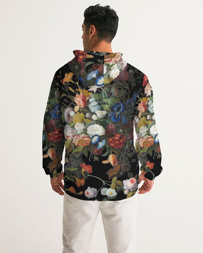 Dutch redux no 1 men’s windbreaker black hooded jacket with vibrant white blue red and yellow floral pattern