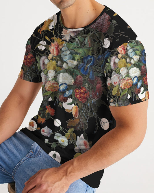 Black short-sleeved cotton Dutch Redux No 1 Pop men’s tee with vibrant detailed red blue white and yellow floral print
