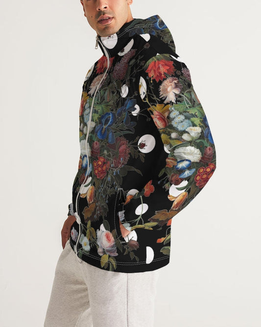 Black hooded Dutch Redux No 1 Pop men’s windbreaker with vibrant floral print on dark green stems