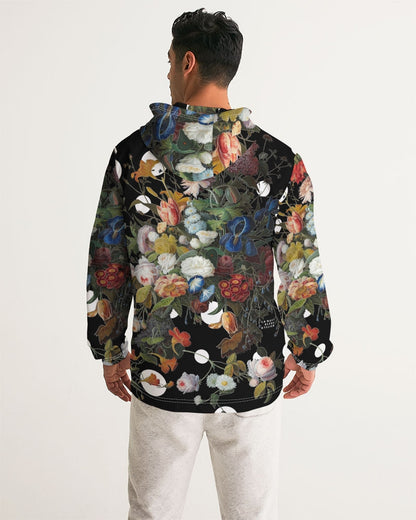 Black hooded dutch redux no 1 pop men’s windbreaker with vibrant floral pattern in pink white blue orange and green