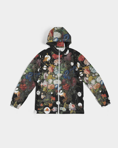 Black hooded Dutch Redux No. 1 Pop men’s windbreaker with vibrant full sleeve floral print in red blue pink and white