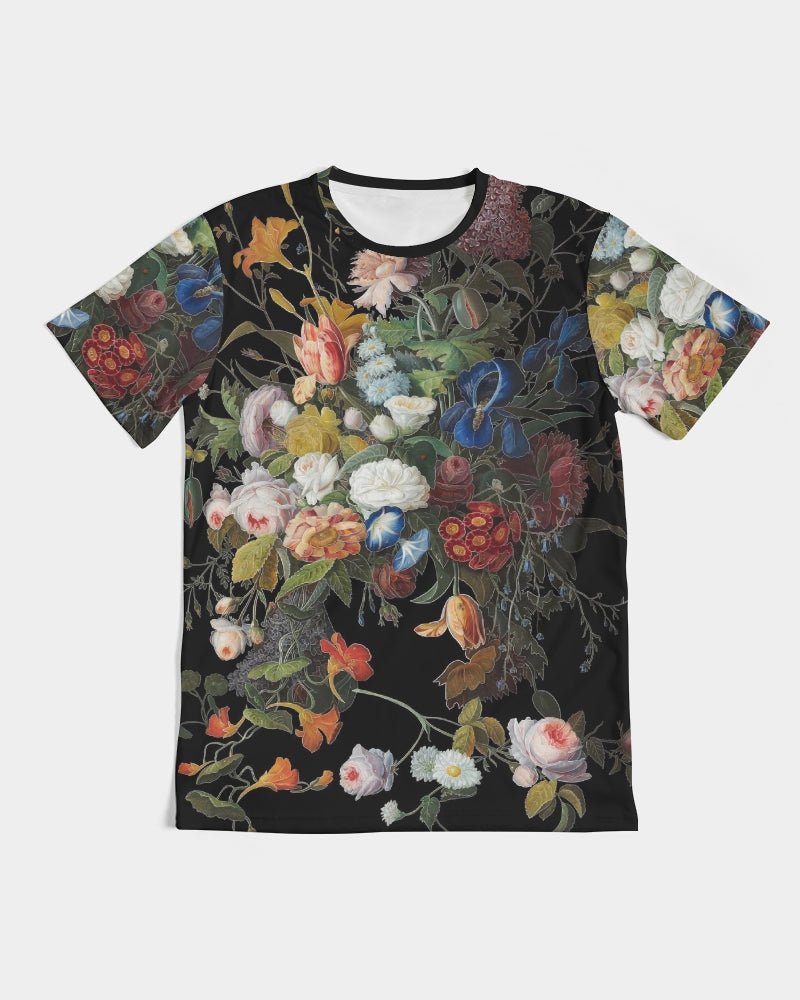 Black Dutch Redux No 1 tee with vibrant full-color floral print featuring white pink blue orange and red blossoms