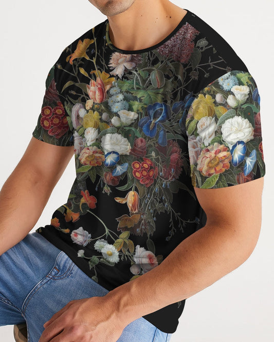 Black Dutch Redux No 1 short-sleeved cotton t-shirt with vibrant multicolored floral print and detailed leaves