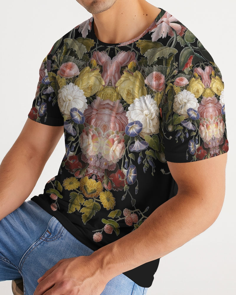 Dutch Redux No. 2.2 men’s black short-sleeved tee with vibrant pink white yellow and purple floral print on dark background