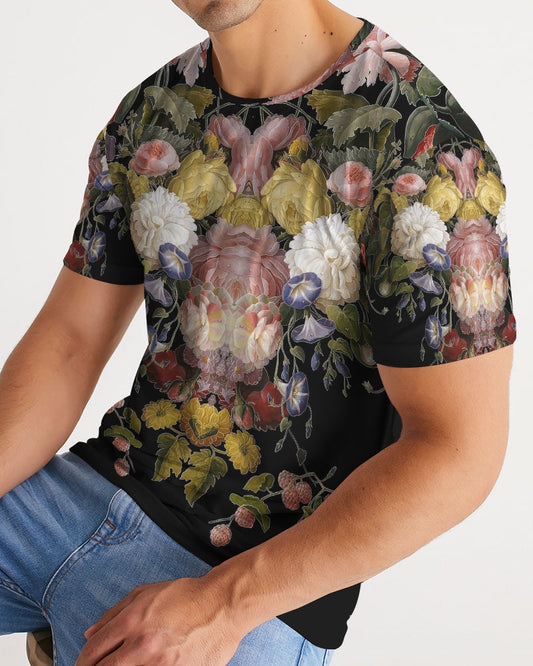Dutch Redux No. 2.2 men’s black short-sleeved tee with vibrant pink white yellow and purple floral print on dark background