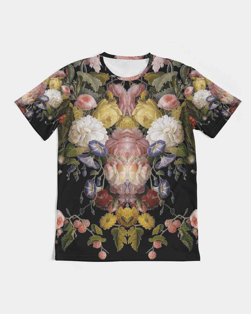 Dutch Redux no 2.2 men’s black short-sleeved tee with vibrant symmetrical pink yellow white purple floral print