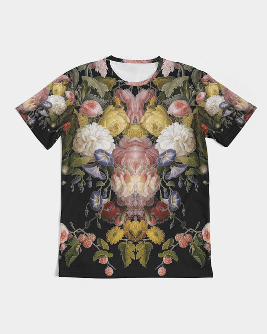 Dutch Redux no 2.2 men’s black short-sleeved tee with vibrant symmetrical pink yellow white purple floral print