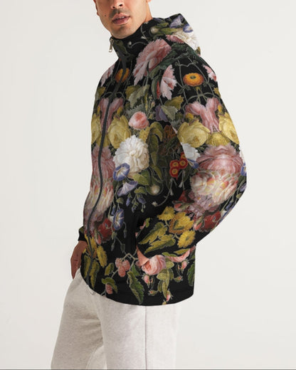 Dutch redux no 2.2 men’s windbreaker in black with vibrant pink yellow white and green floral print on a hooded jacket