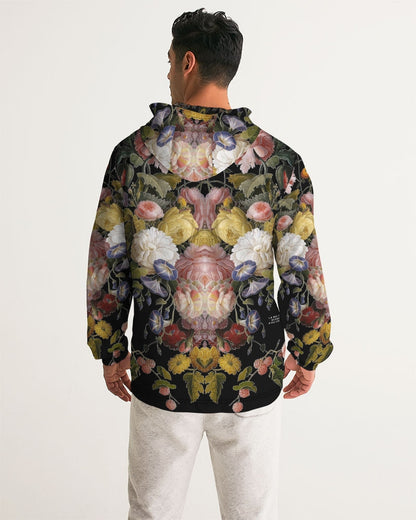 Dutch Redux No. 2.2 men’s windbreaker black hooded jacket with vibrant symmetrical floral pattern on back
