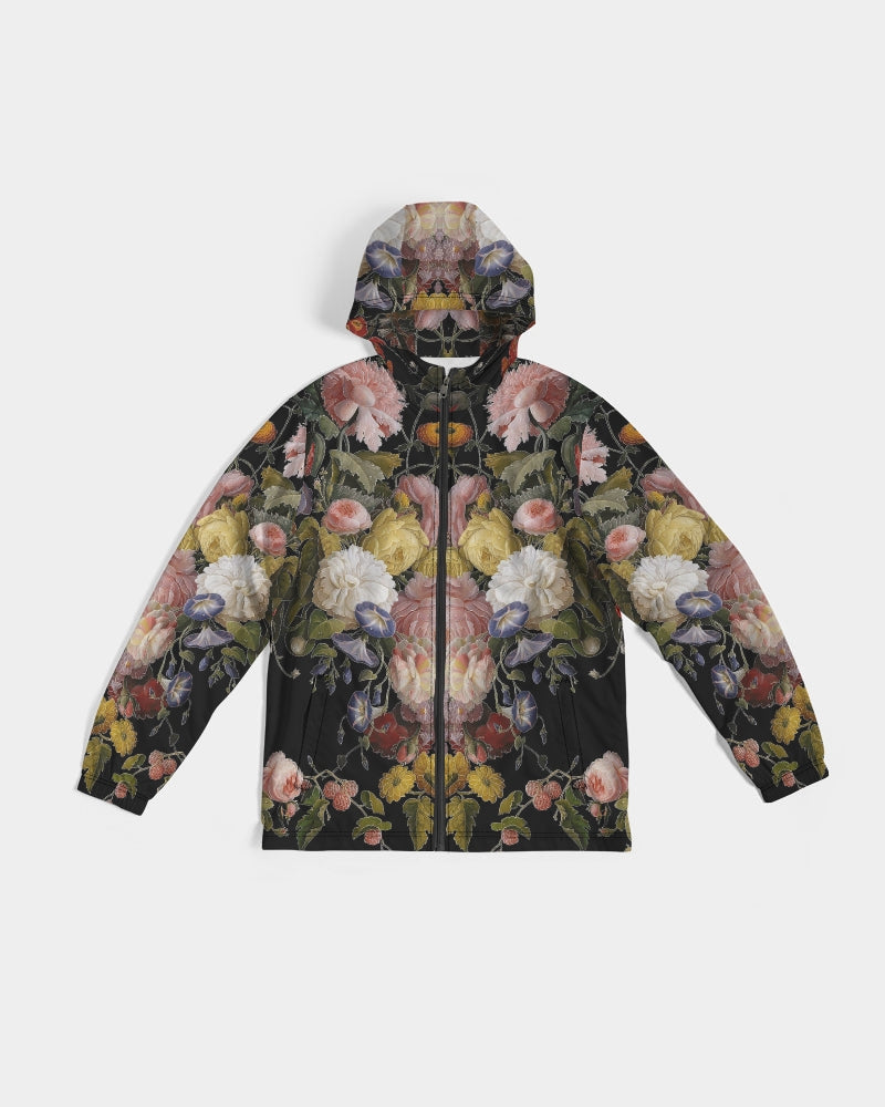 Dutch Redux No 2.2 men’s black zip-up windbreaker with vibrant symmetrical pink yellow white and purple floral pattern