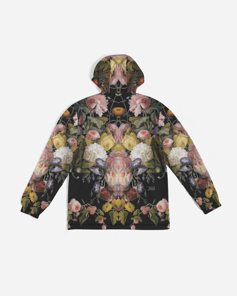 Dutch Redux No 2.2 men’s windbreaker black hooded jacket with vibrant symmetrical pink yellow and white floral pattern