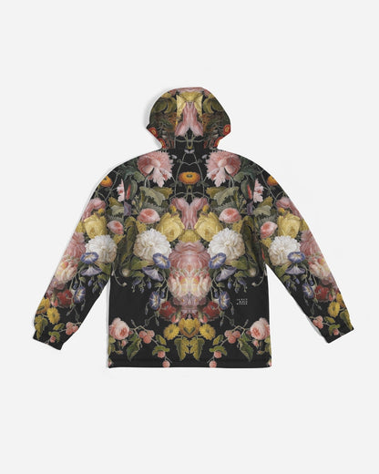 Dutch Redux No 2.2 men’s windbreaker black hooded jacket with vibrant symmetrical pink yellow and white floral pattern