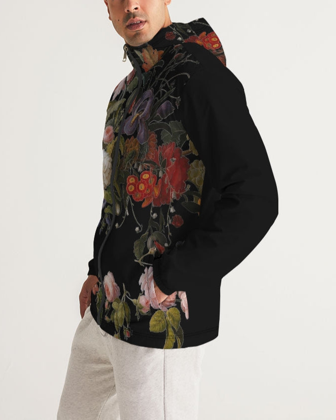 Black men’s windbreaker Dutch Redux No 2 featuring a vibrant red pink and purple floral pattern on dark hooded jacket