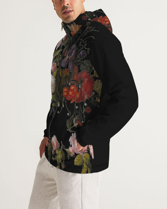 Black men’s windbreaker Dutch Redux No 2 featuring a vibrant red pink and purple floral pattern on dark hooded jacket