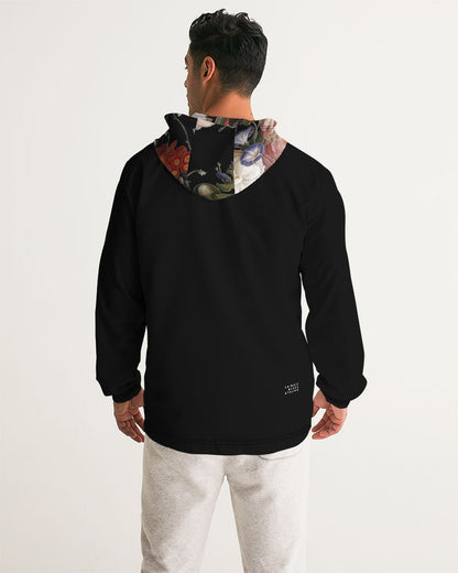Black men’s windbreaker Dutch Redux No. 2 with a vibrant floral patterned hood on a black hoodie material back view