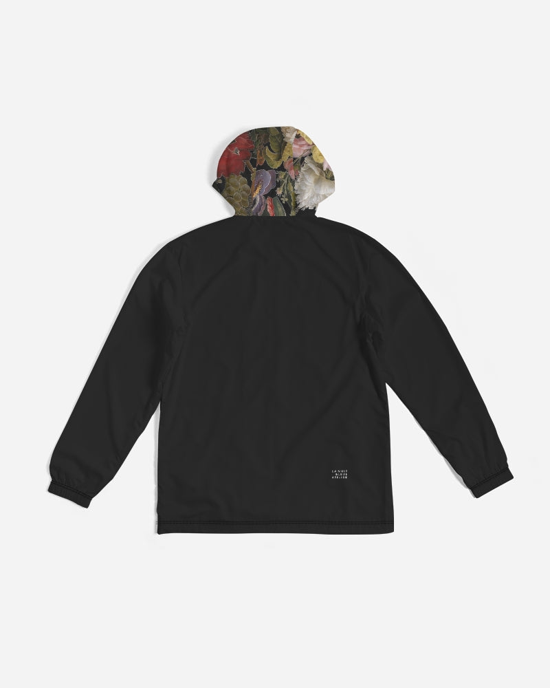 Black men’s windbreaker dutch redux no 2 with black hooded sweatshirt featuring vibrant floral pattern inside hood