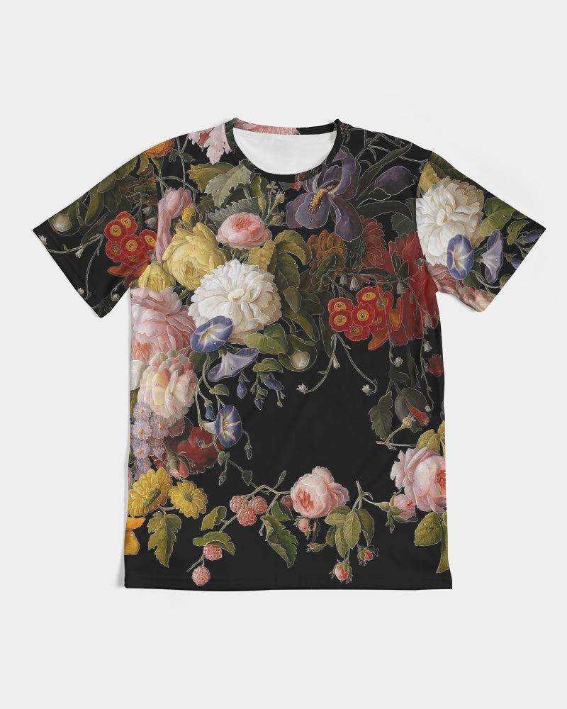 Black Dutch Redux No. 2 men’s short-sleeved t-shirt with vibrant floral print featuring roses hydrangeas and berries