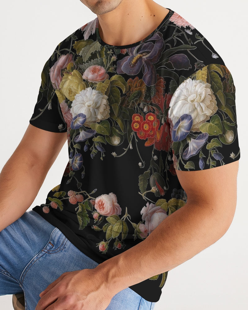 Black short-sleeved Dutch Redux No. 2 men’s tee with detailed full-color floral print of roses, hydrangeas, and blossoms