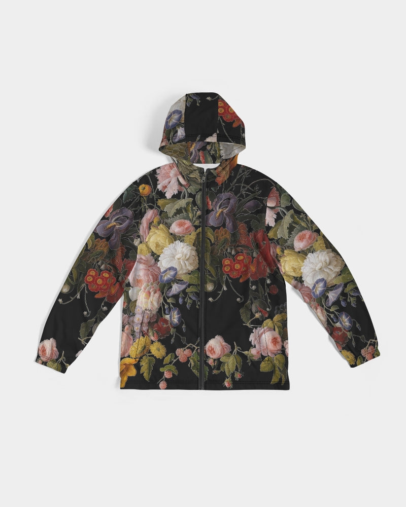 Dutch Redux No 2 men’s black zip-up hoodie windbreaker with vibrant pink yellow white purple floral pattern