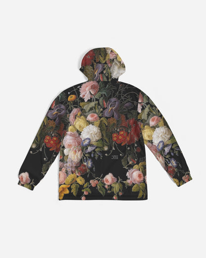 Black hooded dutch redux no 2 men’s windbreaker with vibrant floral print featuring roses tulips and blossoms