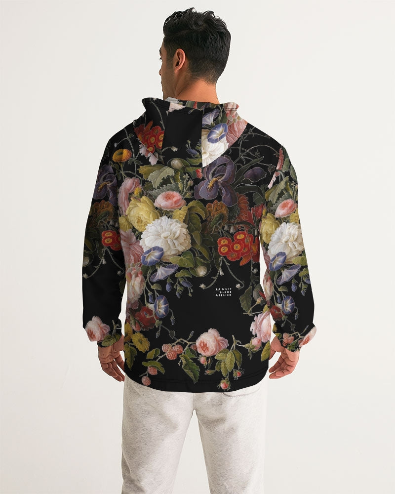 Dutch Redux No 2 men’s windbreaker black hoodie with vibrant pink white yellow and purple floral print on dark background