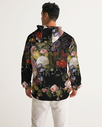 Dutch Redux No 2 men’s windbreaker black hoodie with vibrant pink white yellow and purple floral print on dark background