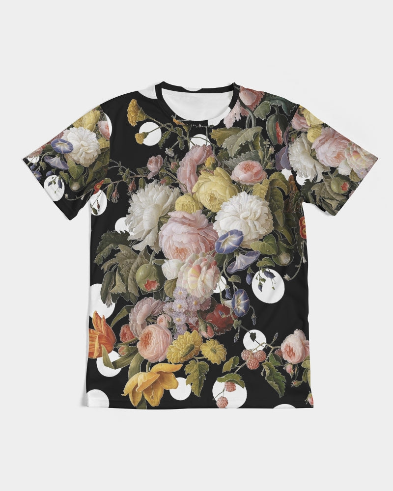 Black short-sleeved Dutch Redux No 2 Pop men’s tee with vibrant pink white yellow and purple floral print on dark fabric