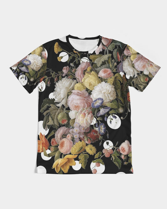 Black short-sleeved Dutch Redux No 2 Pop men’s tee with vibrant pink white yellow and purple floral print on dark fabric