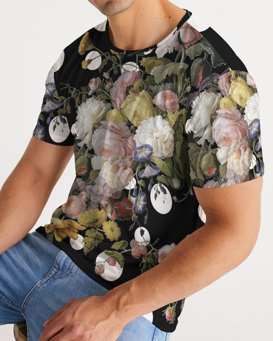 Black short-sleeved cotton Dutch Redux No 2 Pop men’s tee with detailed pastel floral print of roses leaves and berries