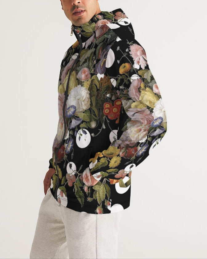 Black hooded dutch redux no 2 pop men’s windbreaker with vibrant pink white green floral pattern on dark fabric