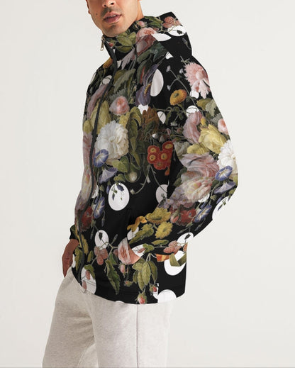 Black hooded dutch redux no 2 pop men’s windbreaker with vibrant pink white green floral pattern on dark fabric