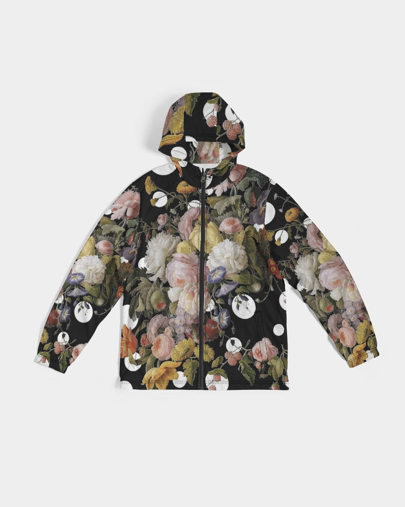 Black hooded dutch redux no 2 pop men’s windbreaker with vibrant pink white and yellow floral pattern on dark fabric