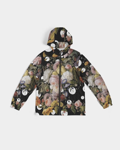 Black hooded dutch redux no 2 pop men’s windbreaker with vibrant pink white and yellow floral pattern on dark fabric