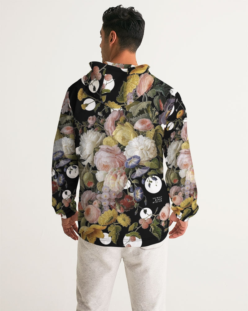 Dutch Redux No 2 Pop men’s windbreaker black hooded jacket with vibrant pink white yellow and purple floral print