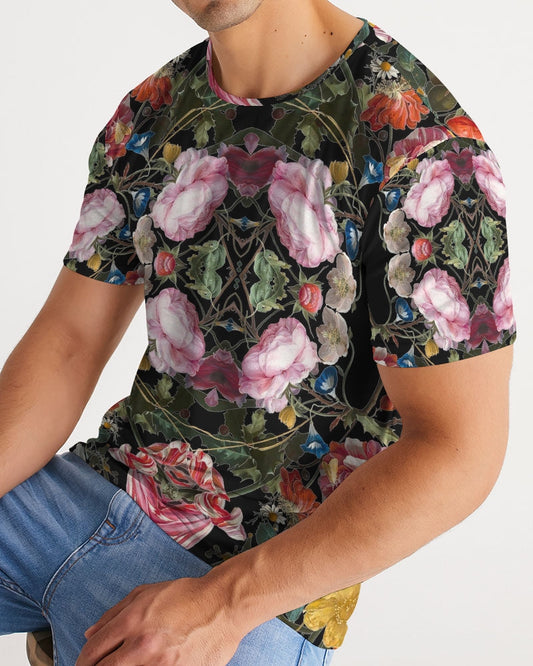 Black short-sleeved dutch redux no 3.2 men’s tee with vibrant pink orange white roses and green leaves floral pattern