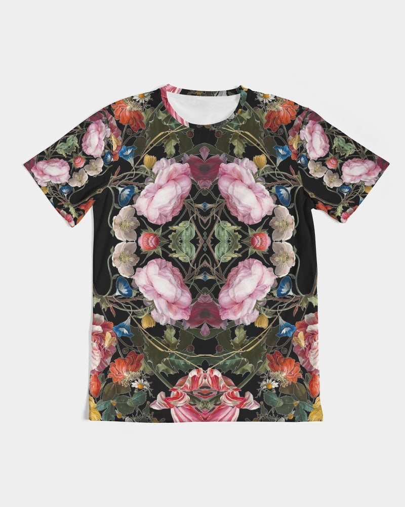 Dutch Redux No. 3.2 men’s black short-sleeved tee with vibrant kaleidoscopic floral pattern of pink roses and orange blossoms