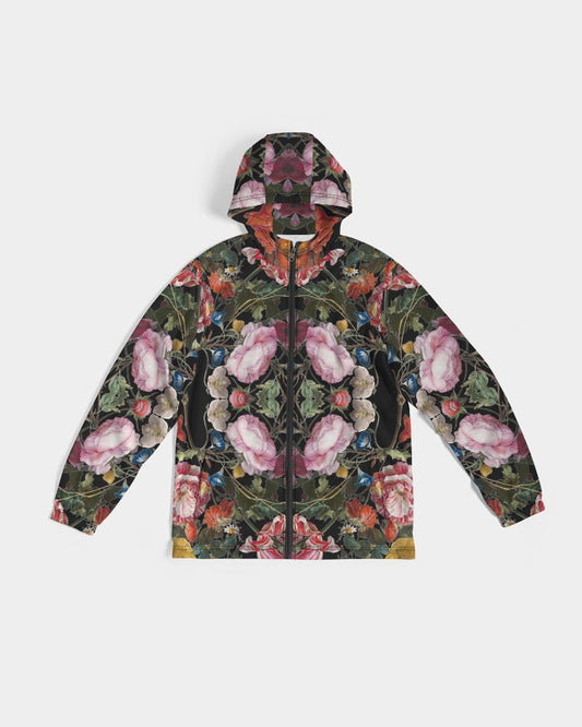 Dutch Redux No 3.2 men’s windbreaker hooded jacket with vibrant pink red green floral pattern on dark background