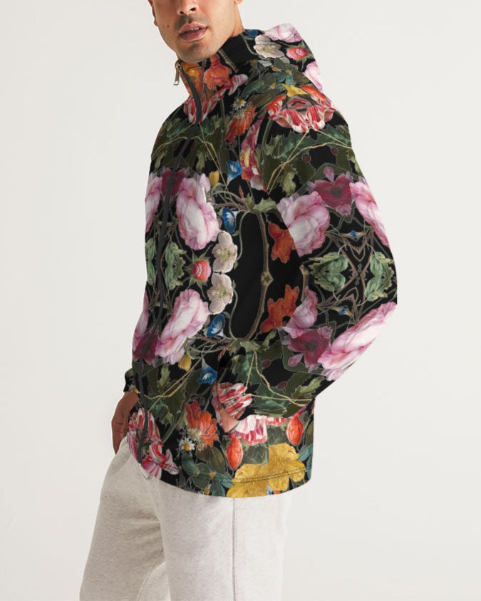 Dutch Redux No 3.2 men’s windbreaker black hooded jacket with vibrant pink red yellow floral pattern on dark green foliage