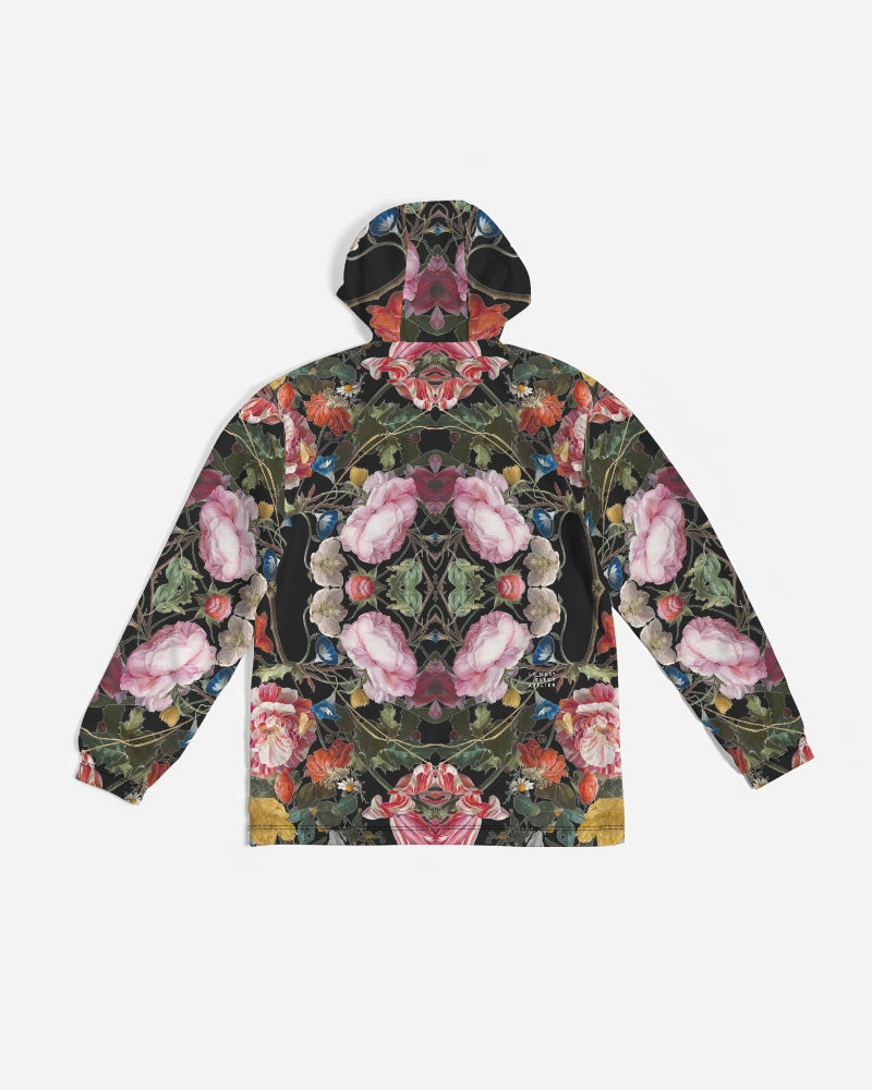 Dutch redux no 3.2 men’s windbreaker with vibrant symmetrical floral pattern in pink orange and green on dark fabric