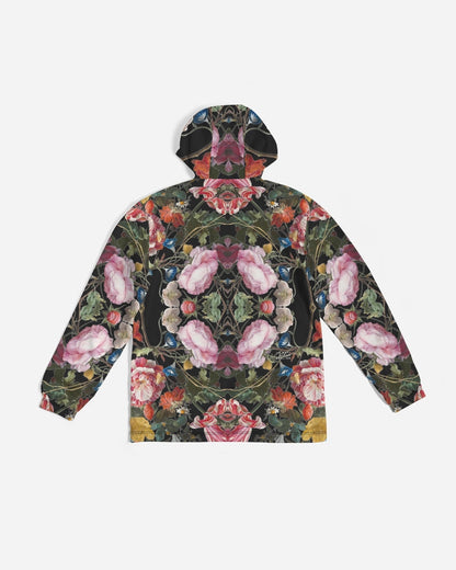 Dutch redux no 3.2 men’s windbreaker with vibrant symmetrical floral pattern in pink orange and green on dark fabric