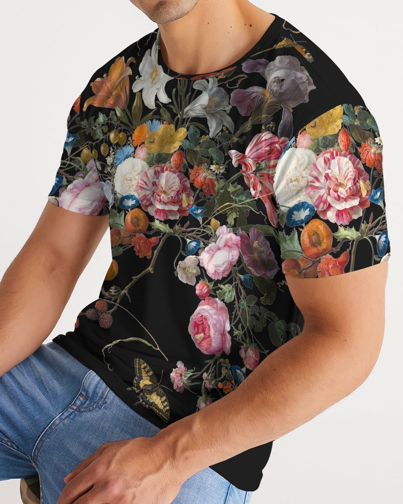 Black short-sleeved dutch redux no 3 men’s tee with vibrant floral print of pink roses white lilies on dark background