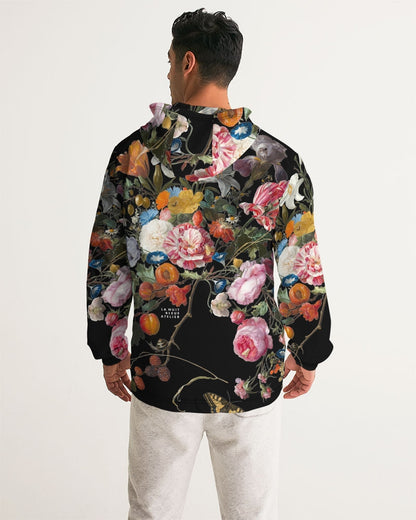 Dutch redux no 3 men’s windbreaker black floral print hoodie with vibrant pink orange and white blossoms on dark background