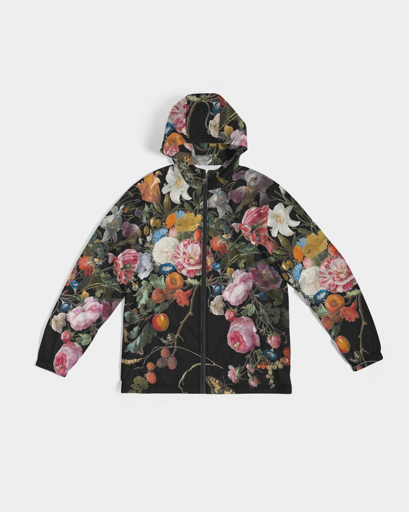 Black hooded dutch redux no 3 men’s windbreaker with vibrant floral print featuring pink roses white lilies and fruits