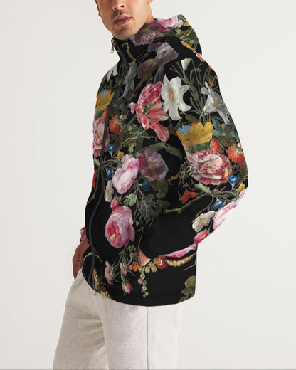 Dutch Redux No. 3 men’s windbreaker black floral print hooded jacket with vibrant pink white and yellow blossoms