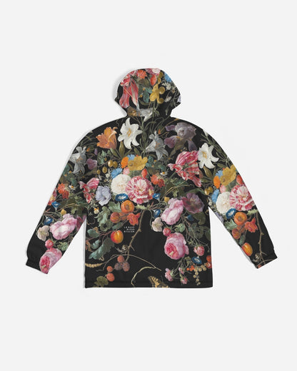 Black hooded dutch redux no 3 men’s windbreaker with vibrant pink rose white lily floral pattern on dark green foliage