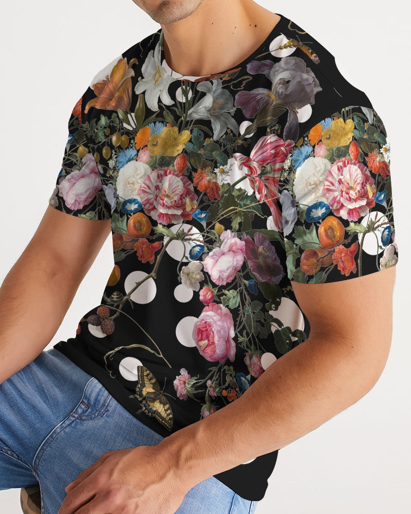 Black short-sleeved dutch redux no 3 pop men’s tee with vibrant pink white orange and purple floral pattern on dark background