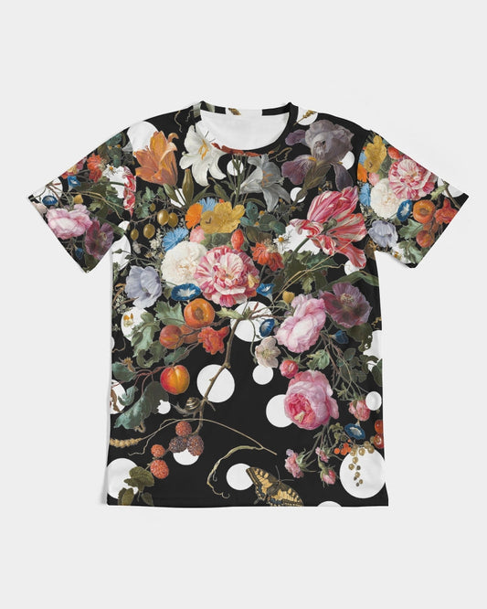 Black short-sleeved dutch redux no 3 pop men’s tee with vibrant floral and fruit print featuring pink roses and berries