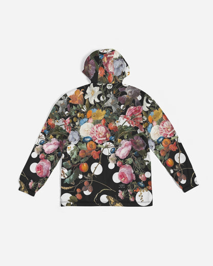 Dutch Redux No 3 Pop men’s windbreaker black hooded jacket with vibrant floral pattern of pink roses white lilies and berries