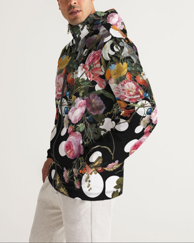 Black hooded jacket dutch redux no 3 pop men’s windbreaker with vibrant floral pattern and white polka dots