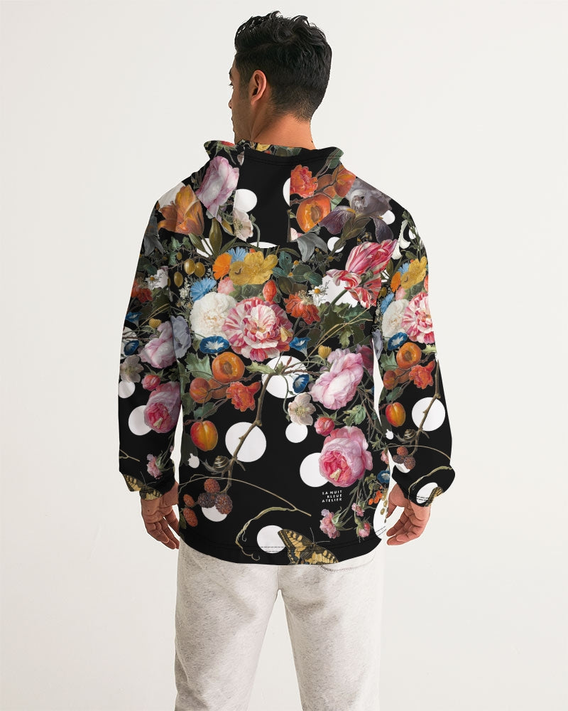 Black hooded dutch redux no 3 pop men’s windbreaker with vibrant pink orange white floral pattern and white polka dots
